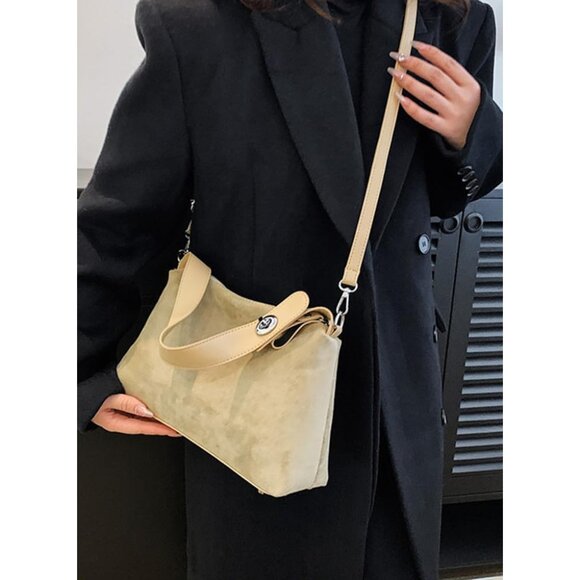 Beige Suede Crossbody Shoulder Bag for Women with Zipper & Top Handle - Stylish, - Picture 5 of 6